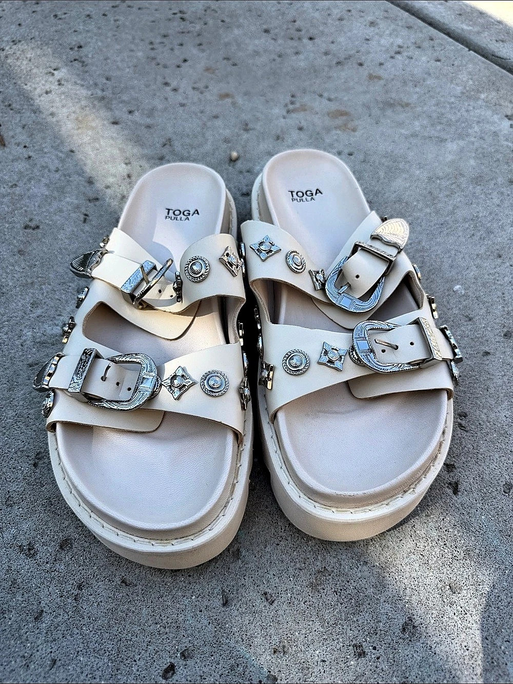 Toga Pulla Double-Buckle Slip-On Sandals Cream